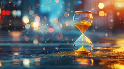 An hourglass sits on top of a wet floor, sand slowly trickling down, marking the passing time....