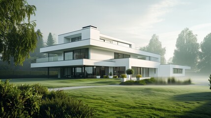 A contemporary home with a white facade and a sprawling green lawn, the morning mist adding a sense...