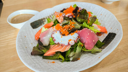 various kind of fresh raw sashimi salad, Japanese spicy salad sashimi salmon with Premium fresh raw...