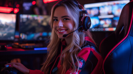 Obraz premium Girl gamer sitting on chair playing games
