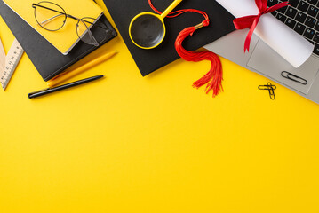 A vividly colored setup displays graduation essentials including a tassel, diploma, spectacles, and...