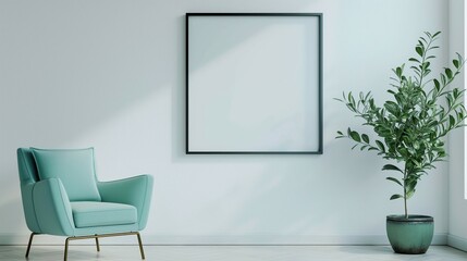 Frame mockup. Light blue chair home interior, wall poster frame. 3D render
