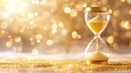 A traditional hourglass with sand gracefully flowing through its narrow passage, measuring the passage of time against a blurred background. Generative AI