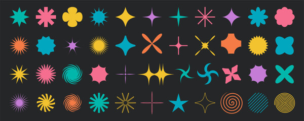 Geometric bold symbol design set, modern retro flat form illustration, abstract simple brutalism shape art in trendy vintage 80s style, minimal futuristic groovy figure vector collection.