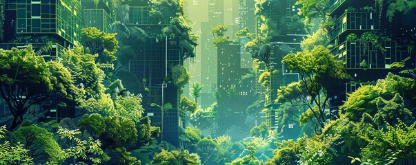 A cybernetic jungle, where digital vines and foliage weave intricate patterns through the dense undergrowth, creating a vibrant ecosystem in the heart of the metropolis.   illustration.