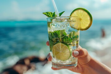 Hand holding mojito cocktail on beach, fresh summer drink with lime and mint, tropical paradise resort background with sea view