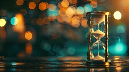 An hourglass filled with sand, counting down time, placed on a table with a blurred background. Generative AI