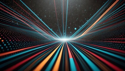 An abstract depiction of a hyperspace tunnel with colorful parallel lines converging towards a bright light, suggesting speed and motion.. AI Generation