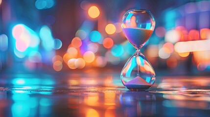 An hourglass filled with sand sits atop a wooden table. The sand slowly trickles down, marking the passage of time against a blurred background. Generative AI
