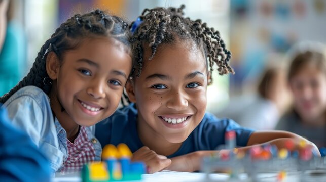 Two young girls with braids smile brightly, engaging in a playful and educational activity in a cheerful classroom setting.