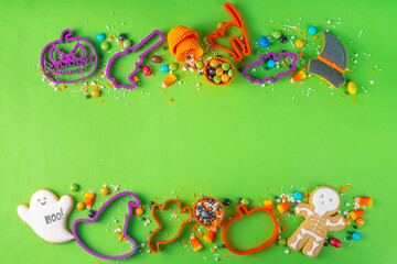 Bright colorful Halloween cookies and sweet background