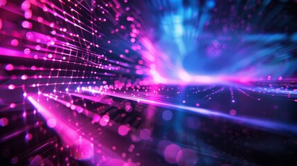 Fototapeta premium Vibrant abstract digital art with neon lights and dynamic patterns in pink and blue hues, depicting a futuristic technology background.