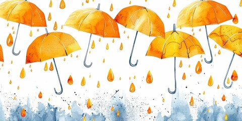 Hand drawn with orange yellow umbrellas on white background. Rain raindrops fall weather rain, april showers design, funny cartoon seasonal print, spring elements, fabric fashion print. illustration