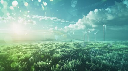 Renewable energy background with green energy as wind turbines and solar panels. Generative AI