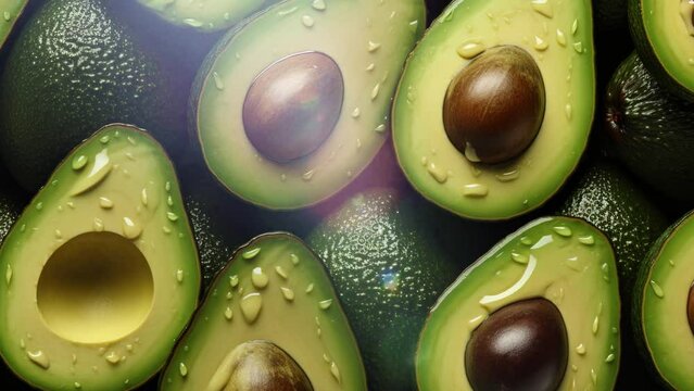 Avocado background tile. Avocado in the market. Avocado pattern background. Fresh Avocado fruit with drops tiles video. Fruit wallpaper. Fruits background. 4K Videos