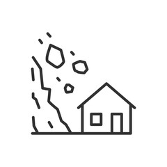 Rock fall, linear icon. Rocks are falling on the house. Warning. Line with editable stroke
