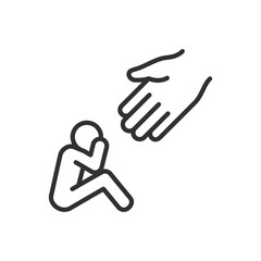 A helping hand in a difficult situation, linear icon. A person is sitting and crying, Supportive hand is extended to him or her. Line with editable stroke