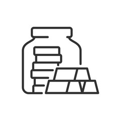 Savings, linear icon. Gold bars and jar. Line with editable stroke