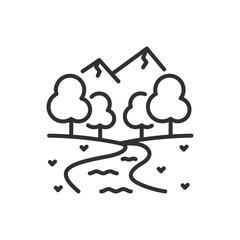 Natural landscape, linear icon. Mountains, trees in a clearing and a river. Line with editable stroke