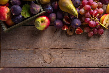 Autumn fruit assortment on wooden background