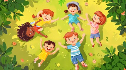 A group of diverse children are lying in the grass, smiling and laughing