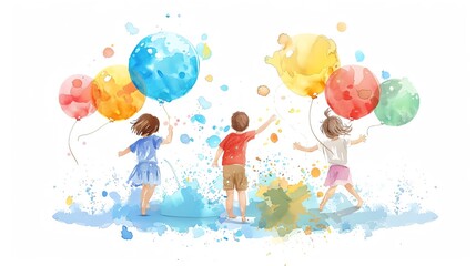 Create a watercolor painting of children playing with balloons. The children should be happy and carefree. The painting should be bright and colorful.