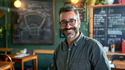 Fototapeta premium smiling teacher stands in front of a chalkboard adorned with equations and diagrams in a classroom setting