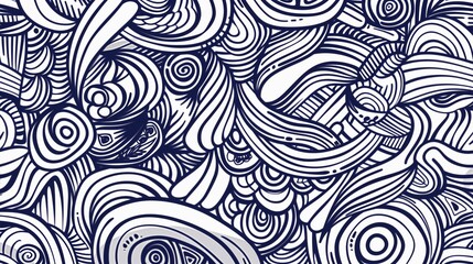 A seamless line pattern with detailed hand-drawn doodles in striking black and crisp white. The design includes a variety of whimsical shapes, swirls, and geometric elements, creating a visually.