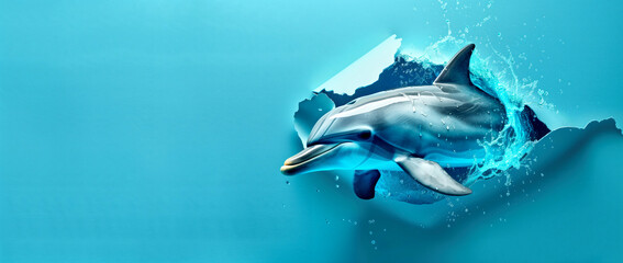 Naklejka premium A dolphin jumping out of a wave with a blue background and space for text