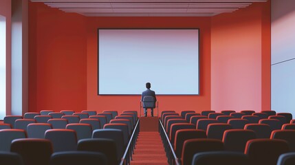 A lone businessman sits in an empty auditorium, facing a blank screen