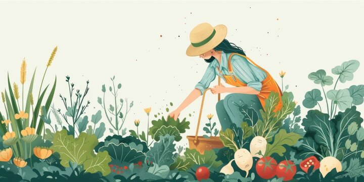 Person picking organic vegetables in the garden or farm. Hand drawn . Harvesting, horticulture, gardening, seasonal agricultural work concept. Poster, print, design template illustration