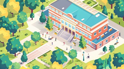 isometric illustration of a large school building with a clock tower and a large green lawn in front of it. There are trees and people walking around on the lawn.