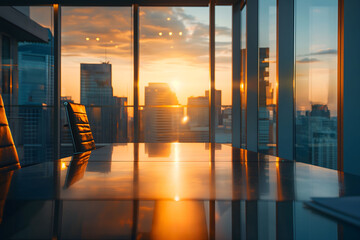 Fototapeta premium Conference room with a sunset view over the city