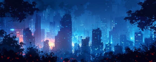 A dystopian cityscape engulfed in the eerie glow of bioluminescent fungi, with dilapidated skyscrapers and crumbling streets overrun by nature's reclaiming embrace.   illustration.