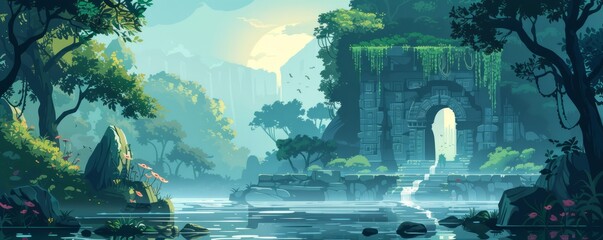 A mystical sanctuary hidden within the heart of a dense forest, where ancient guardians protect the secrets of the natural world.   illustration.