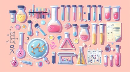 A variety of laboratory glassware, including beakers, test tubes, flasks, and pipettes, are arranged on a pink background