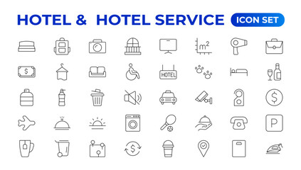 Hotel icons set. Rental property icons. Set of apartment reservation, hotel booking, five-star hotel, service line vector web icon.Hotel universal set with Building, Parking, Meal, Air conditioner.