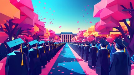 A group of diverse students in graduation caps and gowns line up in a university courtyard, ready to embark on their new careers.