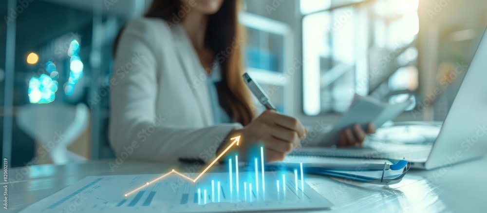 Poster a businesswoman is analyzing financial statistics and data, examining graphs and digital charts. she