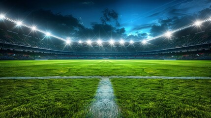Soccer stadium at night with perfect lawn and floodlights lighting - theme soccer, world cup and sports