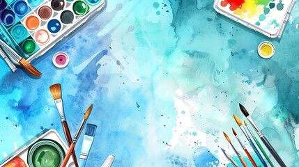 An assortment of paintbrushes and watercolor paints in various colors are arranged on a blue watercolor background