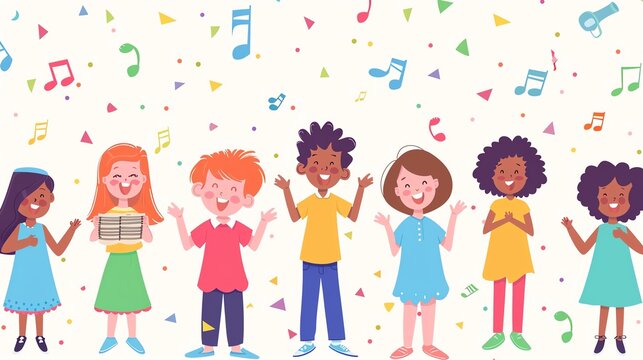A group of diverse children singing and dancing happily.