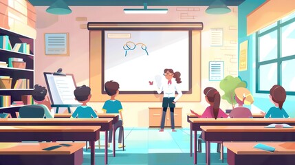 A classroom of students are sitting at their desks, listening to their teacher
