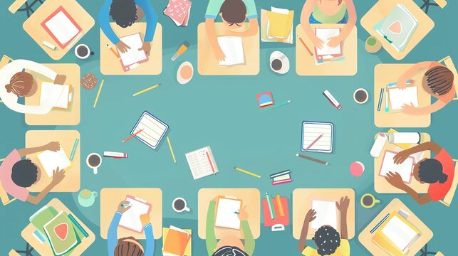 A group of students sitting at a round table, working on their assignments