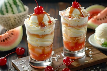 Melon soda float with vanilla ice cream and cherry on top in summer time,Melon soda is one of the...