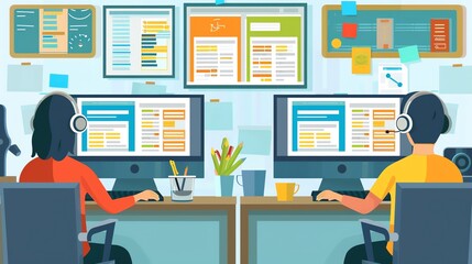 Customer support dashboard with tickets flat design side view service theme cartoon drawing tetradic color scheme