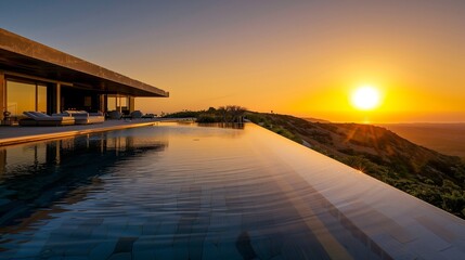 A luxurious hilltop villa, its infinity pool seeming to merge with the horizon as the sun sets, casting a golden sheen over the entire landscape.