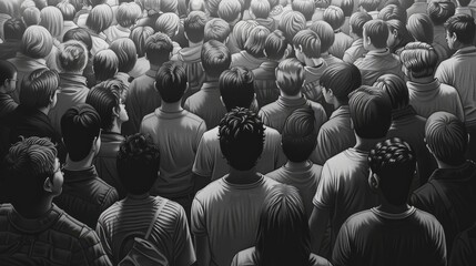 The black and white drawing shows a crowd of people and we can only see their backs. The concept of depersonalization of the masses, as all people are gray and stand densely in space. Illustration.