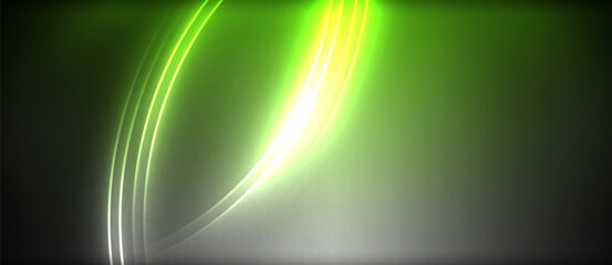 Neon glowing circle rays, light round lines in the dark, planet style neon wave lines. Energetic electric concept design for wallpaper, banner, background