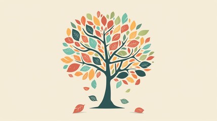 A minimal vector graphic of a tree with multicolored leaves on a cream background.